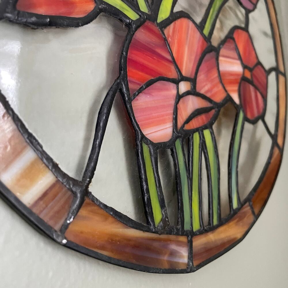 Vintage Round 12" Stained Glass Poppy Flower Suncatcher - Handmade Glass - Picture 9 of 9
